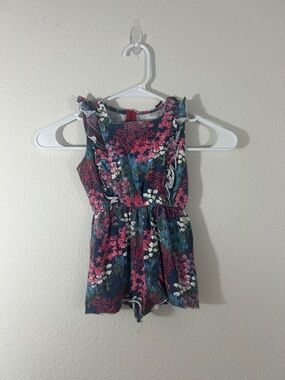 Burt's Bees Navy Floral Ruffle Romper with Pink & White Blooms